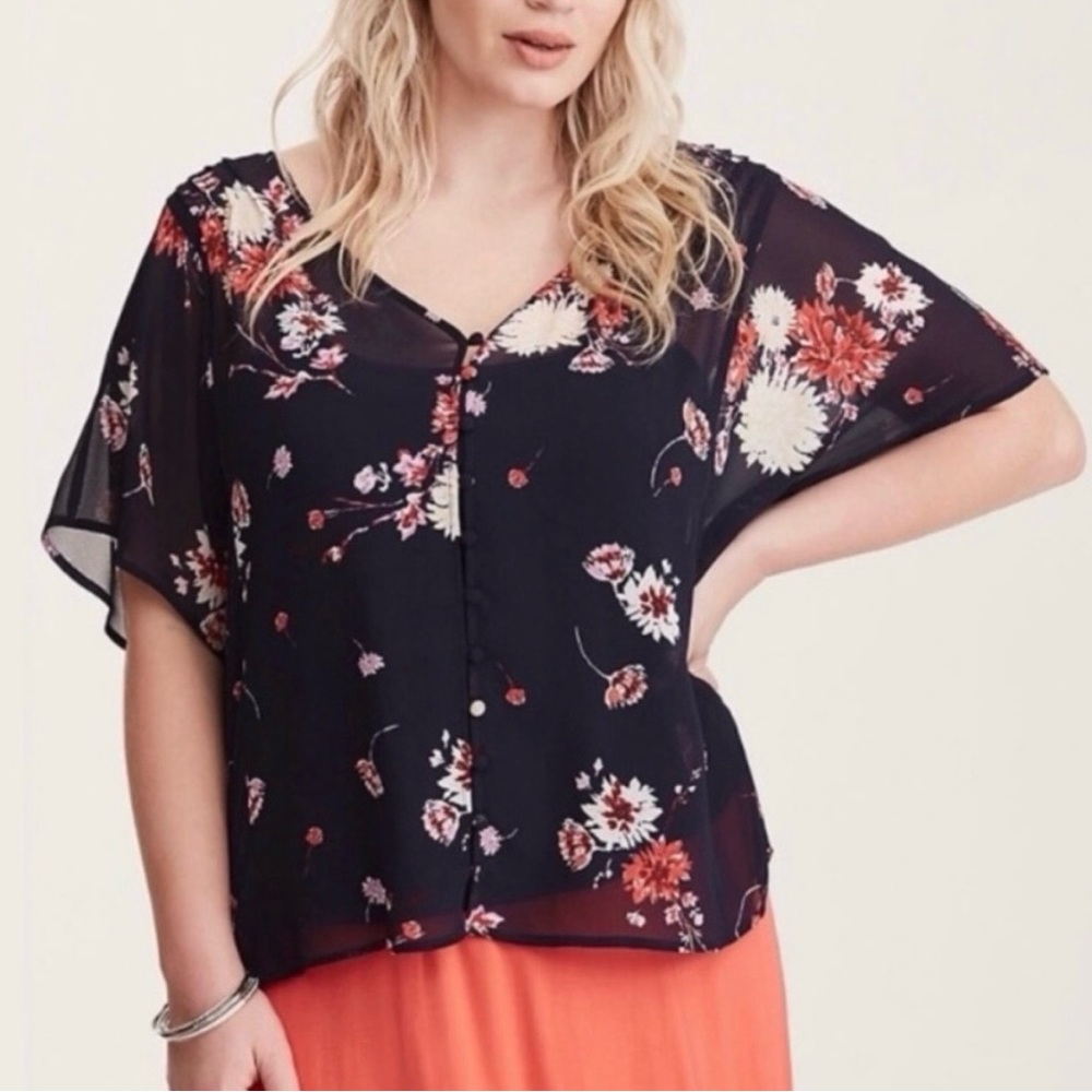 Navy Blue floral sheer button up v top